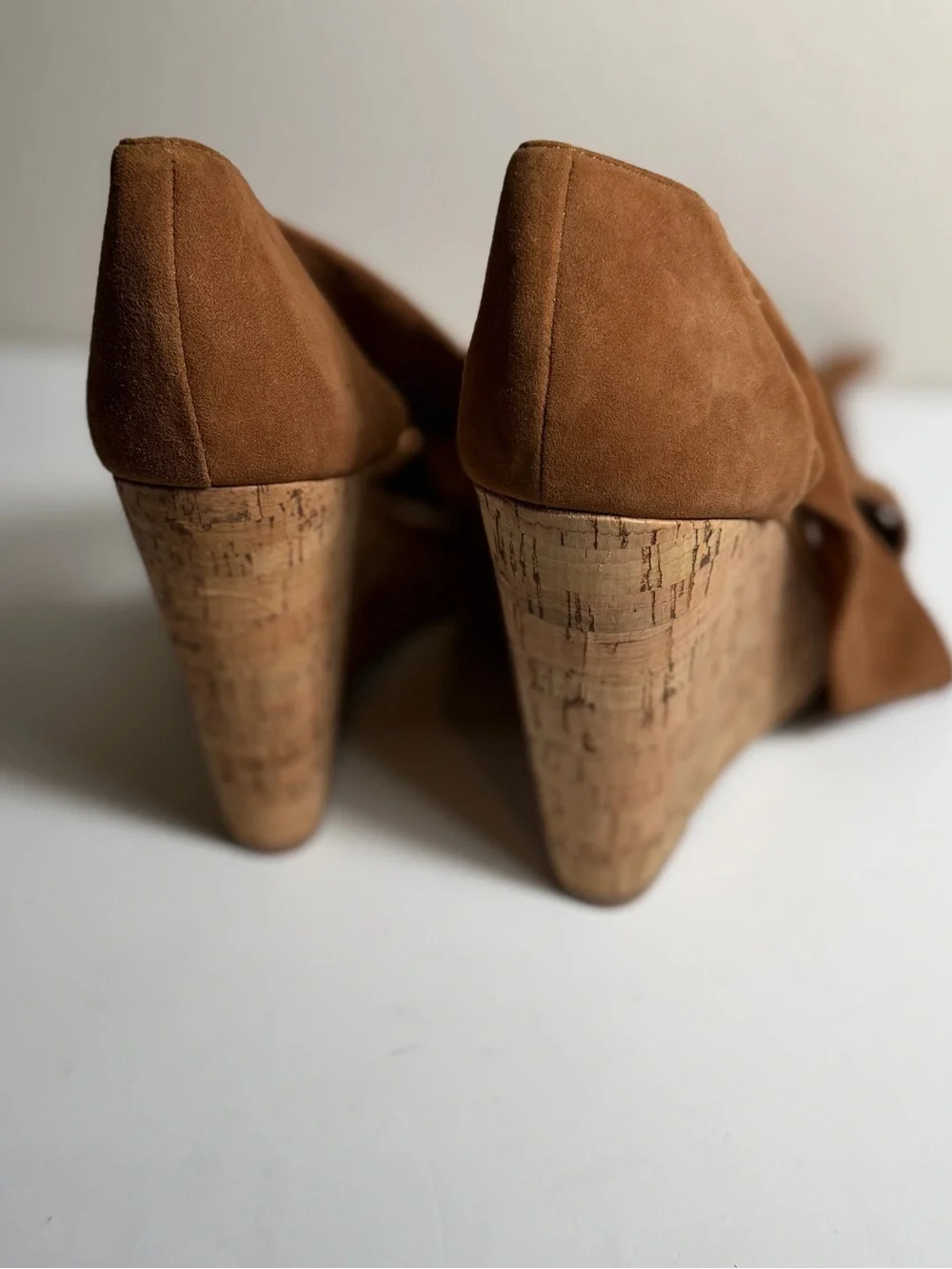 Saks Fifth Avenue~Cognac~Suede Leather Wrap~Cork~Wedge~Platform~Sandal~Size 9.5